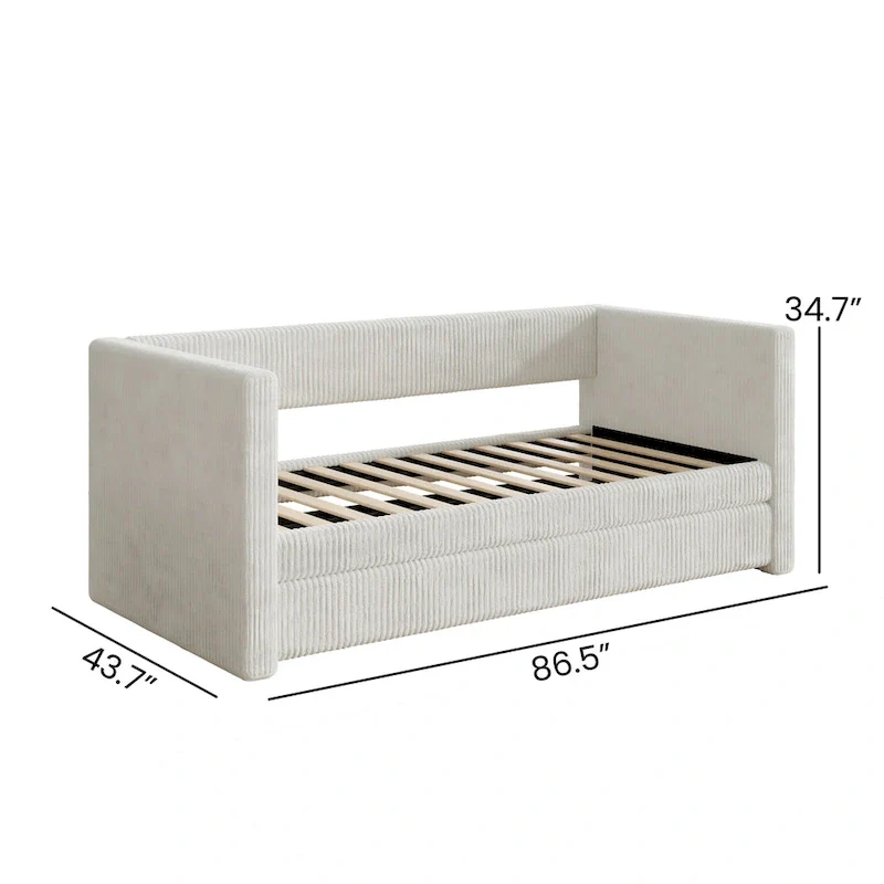 Corduroy Upholstered Daybed with Trundle, White, Twin Size Guest Bed