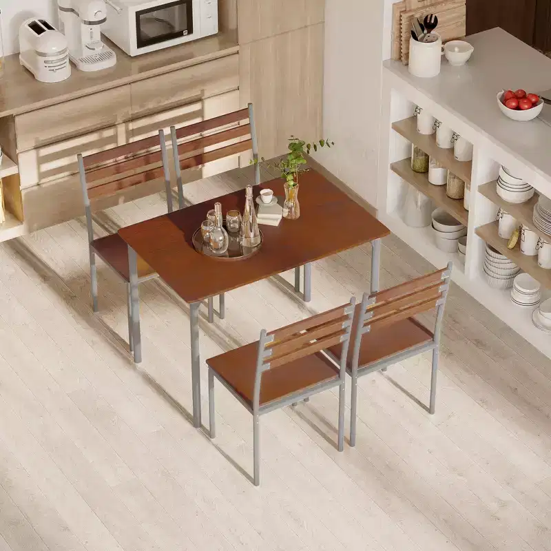 HOMCOM Modern 5-Piece Wooden Counter Dining Kitchen Table Set, 1 Table 4 Chairs Metal Legs, Suitable For Outdoors