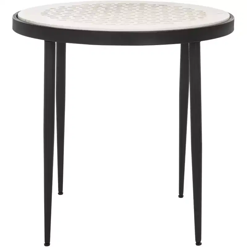 Round Marble Side Table, White Marble Top, Black Iron Base, 19