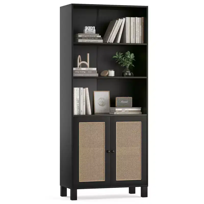 Tall 5-Tier Bookcase with Rattan Doors, Wood Storage Shelves for Library, Living Room, Bedroom, Home Office