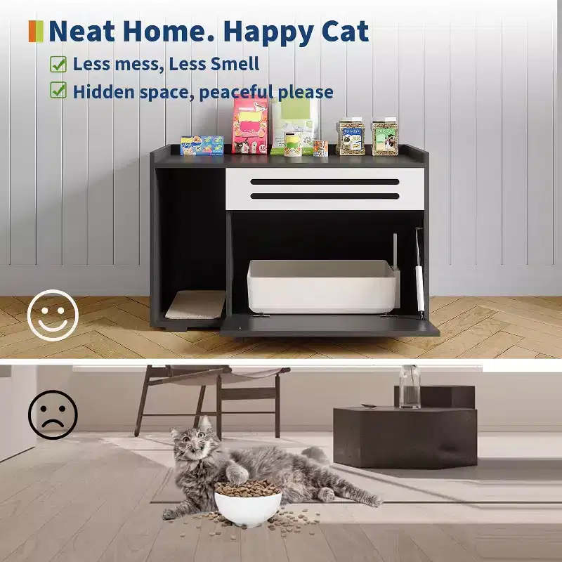 Cat Litter Box Enclosure with Ventilated Panel Hidden Litter Box Furniture with Drop Down Door, Indoor Cat House Wood