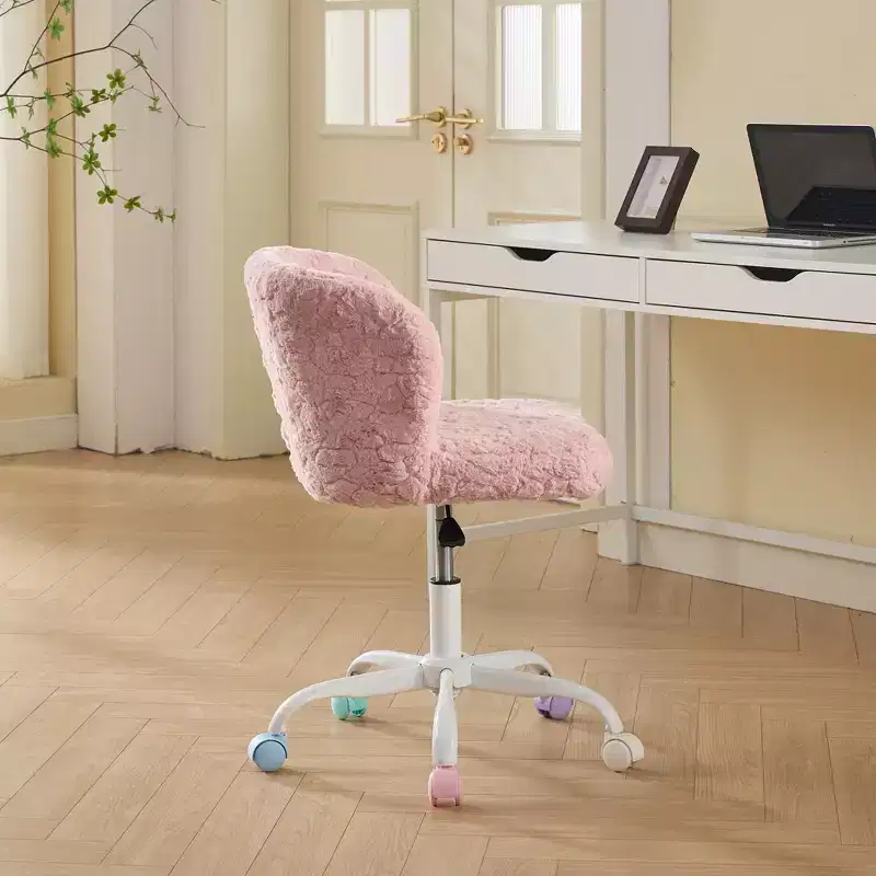 Artificial Rabbit Hair Office Chair - Metal Base, Adjustable Swivel, Vanity Chair, Violet