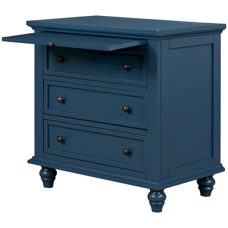 Solid Pine Wood End Table with Pull-out Tray and 3 Drawer, Easy Assembly