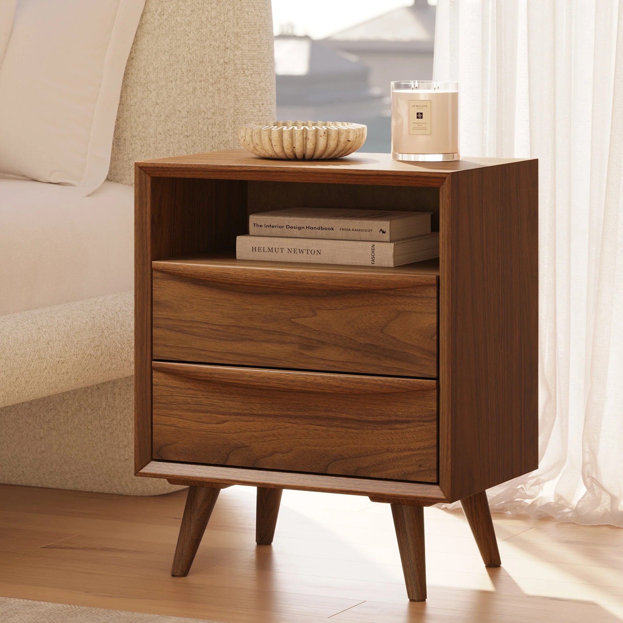 Mid-Century Modern Walnut Walnut Wood Nightstand with Solid Walnut