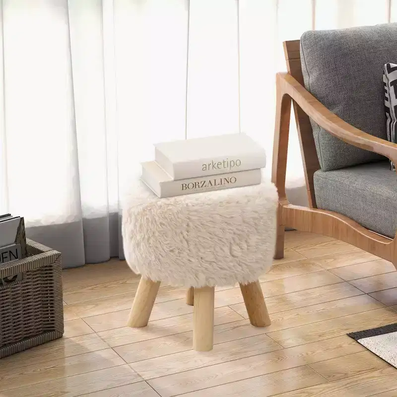 Costway Round Footstool Ottoman Faux Fur Upholstered Footrest with Padded Seat White