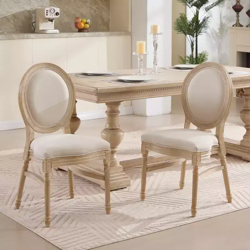 French Country Dining Chairs, Upholstered Carved Round Back Chairs, Beige