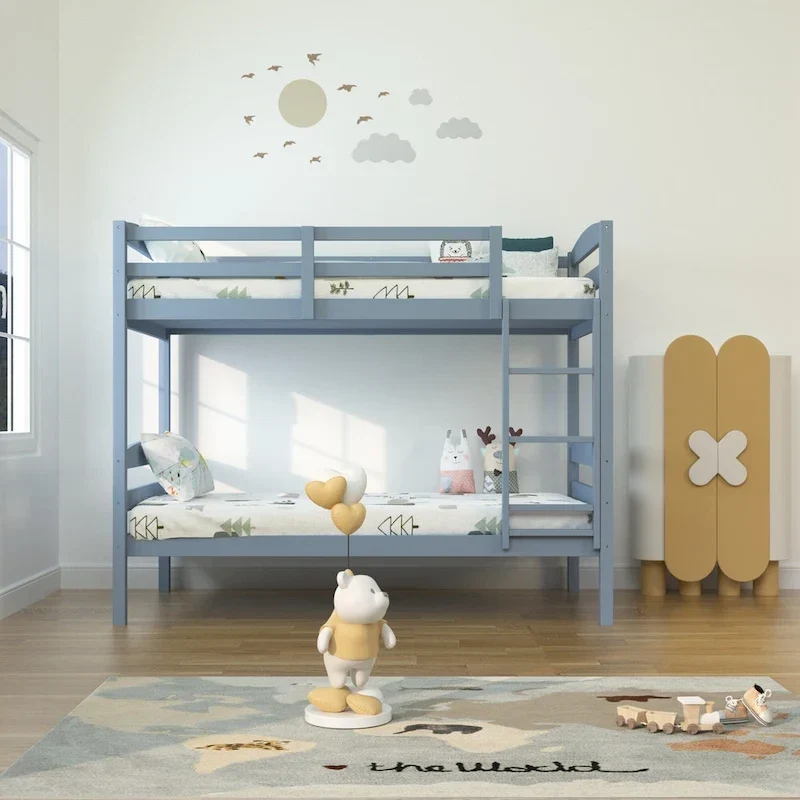 Modern Gray Solid Wood Twin Over Twin Bunk Bed with Ladder