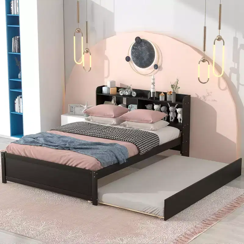 Whisen Full Size Bed & Bed Frame with Trundle and Bookcase Headboard