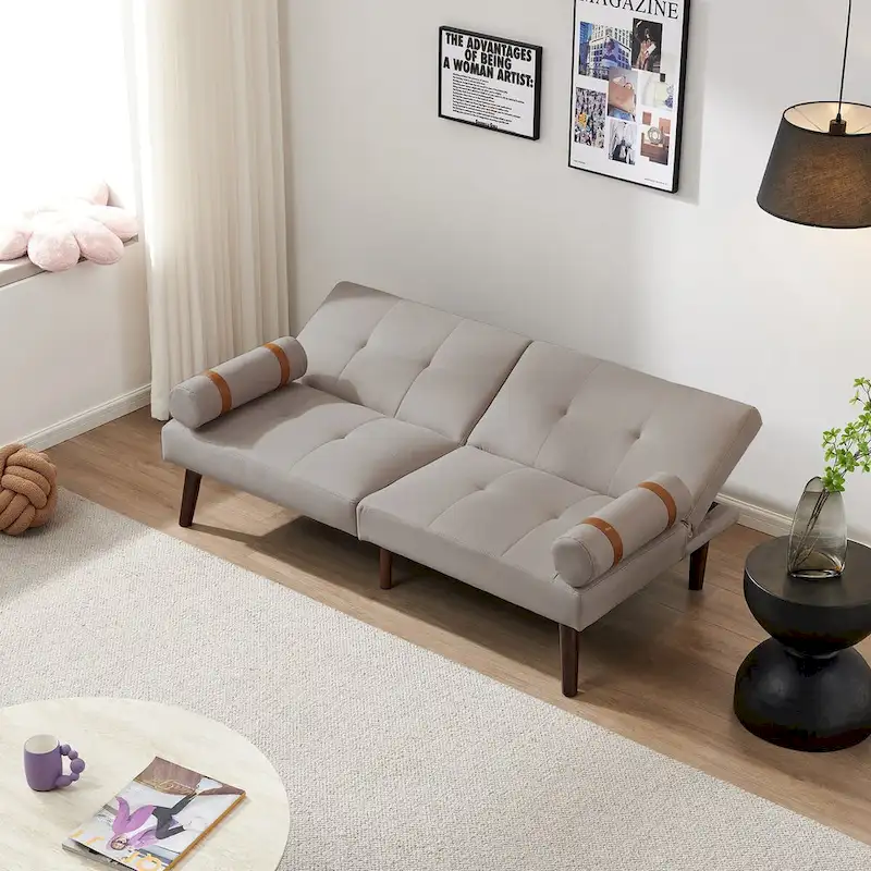 Convertible Sofa Bed Futon with Solid Wood Legs Linen Fabric Musterd Green