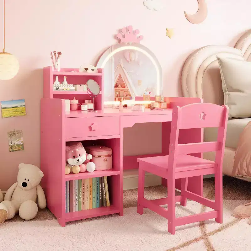 Acekool Kids Vanity Set with LED Lighted Mirror, 2-in-1 Princess Vanity Table and Chair with Bookshelf, Storage Cabinet & Shelves for Girls