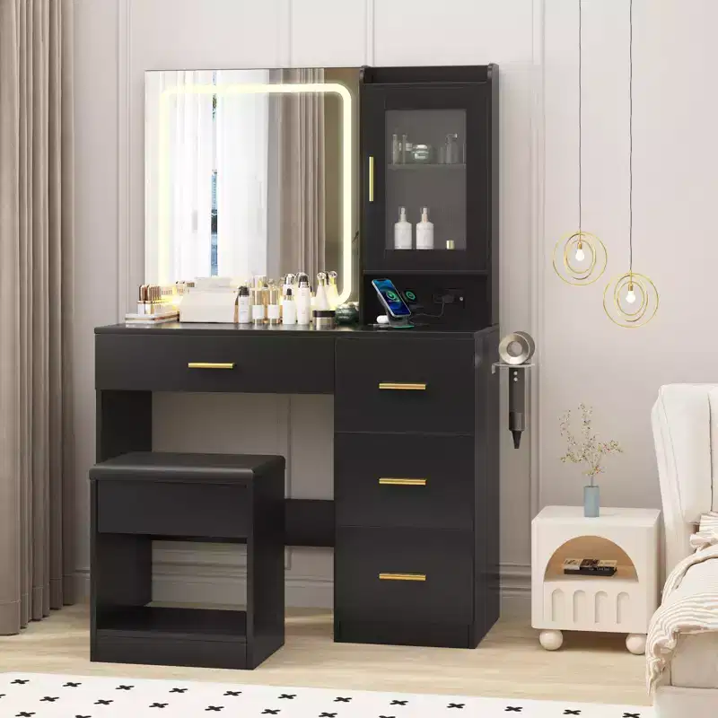 Vanity Desk with Mirror and Lights,Modern Makeup Dressing Table with Built In Outlets, Storage Stool,4 Drawers & Hair Dryer Holder