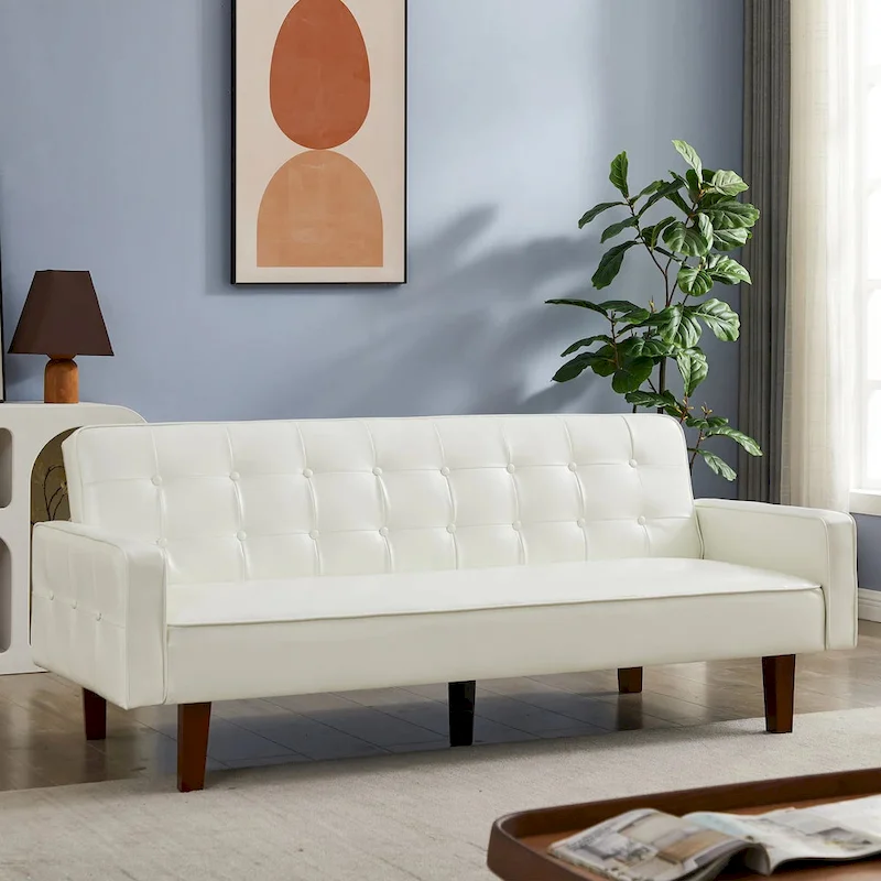 PU Futon Sofa Couch for Living Room Convertible Faux Leather Upholstered Futon Sleeper Sofa Bed Channel Tufted Bedroom Futons