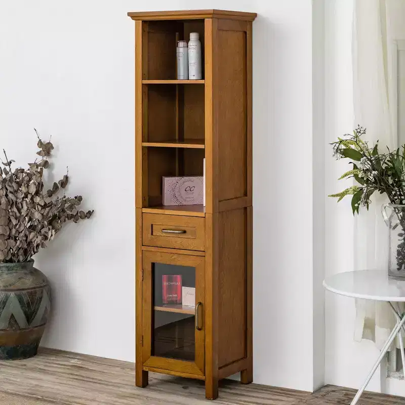 Freestanding Linen Cabinet with Glass Doors, Drawer & Shelves, Oiled Oak