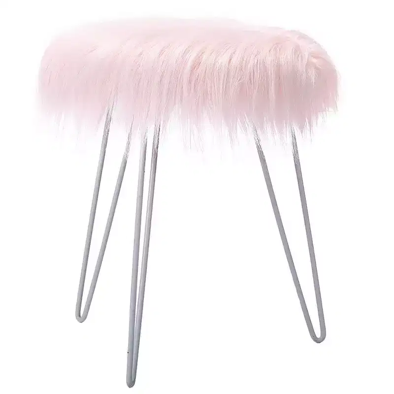 BirdRock Home Round Faux Fur Foot Stool Ottoman - Pink with White Legs