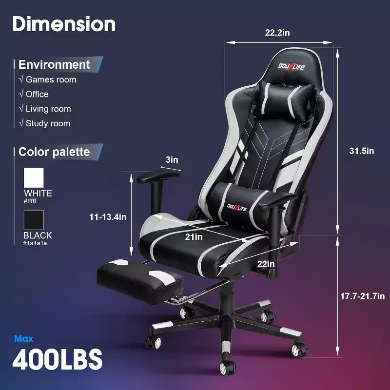 Douxlife Modern 7-Point Massage Ergonomic Gaming Chair with Footrest & Adjustable Armrests Black White