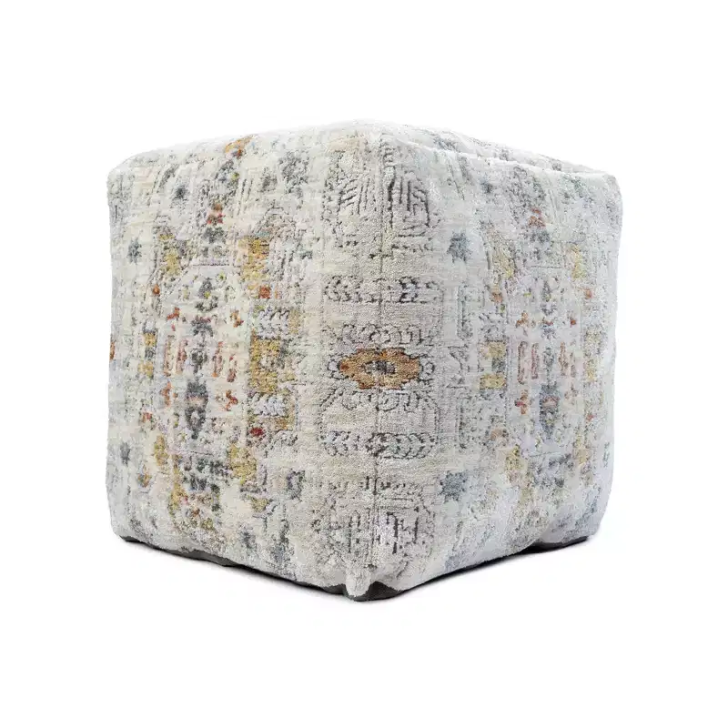 Ivory and Light Gray Upholstered Medallion Pouf Ottoman