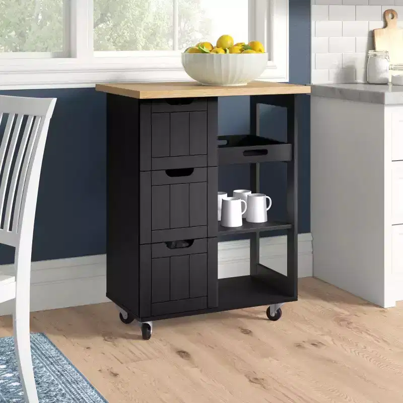 Celebalcony Kitchen Island Cart with Storage,Rolling Kitchen Island Storage Cabinet,Side Table on Wheels,3 Open Shelves and Drawers for Kitchen