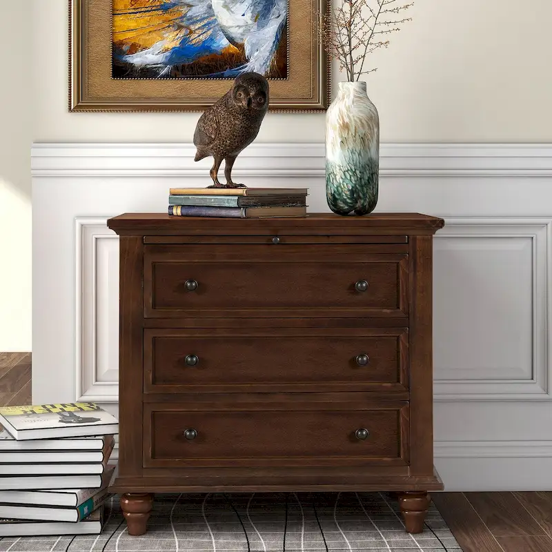 Solid Pine Wood End Table with Pull-out Tray and 3 Drawer, Easy Assembly