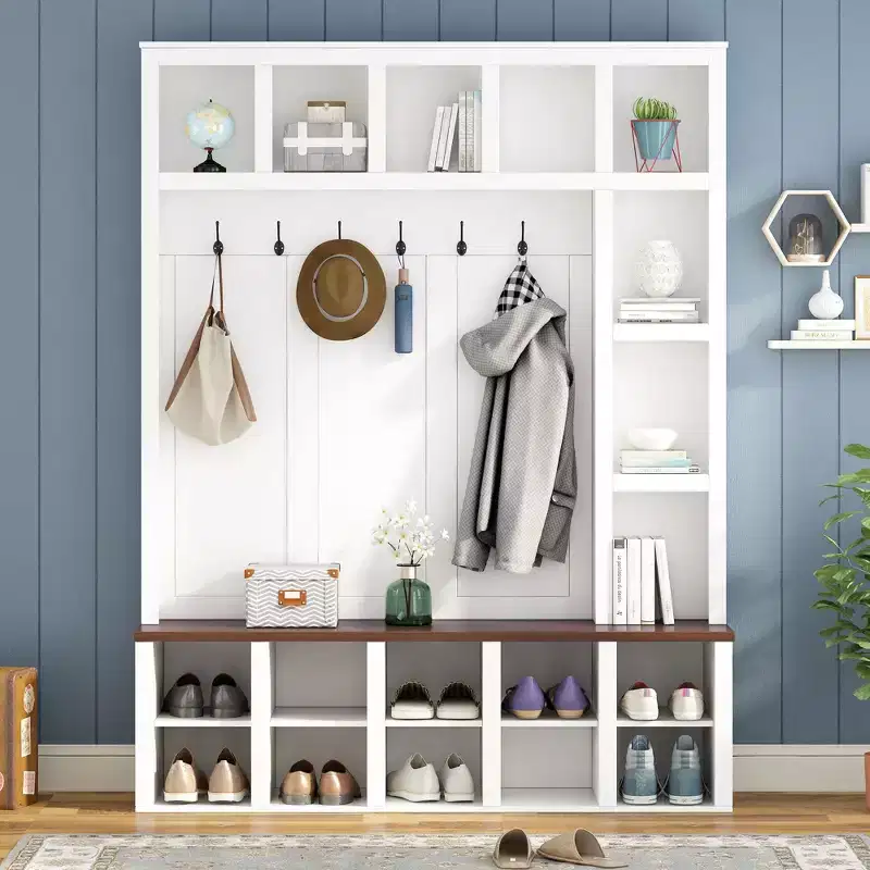 Farmhouse Hall Tree with 6 Hooks, Storage Rack with Storage Bench and Adjustable Shelves, Coat Rack for Living Room, White+Walnut