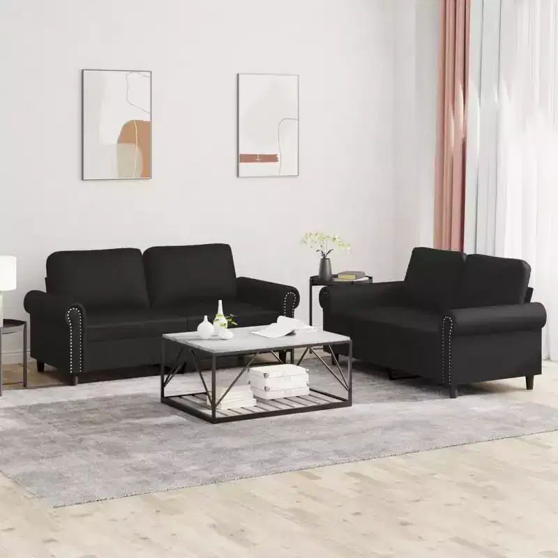 2-Piece Black Faux-Leather Sofa Set  Modern Clean-Line Cushioned Loveseat & Couch, Stain-Resistant, Metal+Plywood Frame