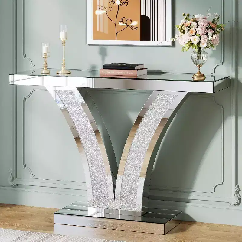 Mirrored Console Table, Modern Silver Entryway Sofa Table with Crystal Inlay Frames for Living Room, Hallway, Foyer
