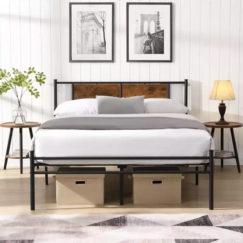 Okak King Size Bed Frame with Headboard, Modern Platform Bed with Wood Panel Decoration for Bedroom, Black