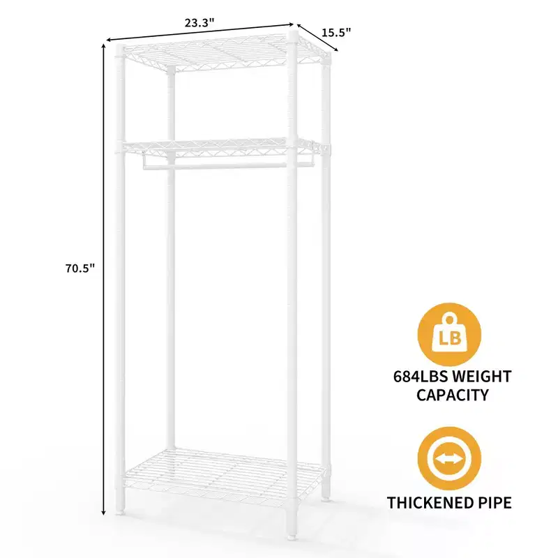 Heavy-Duty Clothes Rack with Adjustable Shelves, Freestanding Metal Garment Organizer with Hanging Rod for Bedroom, Laundry or Dorm, White