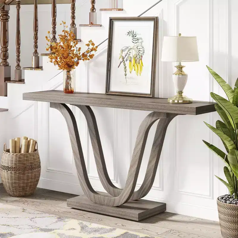 Farmhouse Console Table, Light Gray, U-Shaped Legs