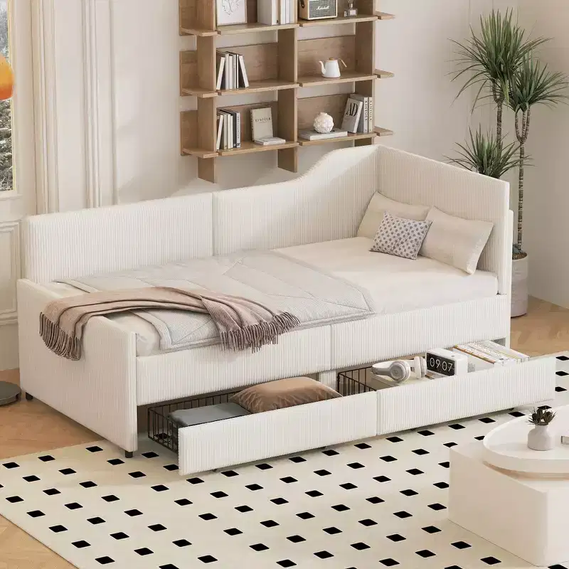 Whisen Twin Size L-Shaped Corduroy Daybed, Upholstered Bed Frame with 2 Storage Drawers