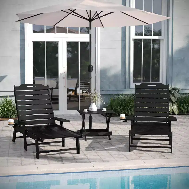 Emma and Oliver 3-Piece Indoor/Outdoor Set with 2 Poly Resin Adjustable Adirondack Loungers with Swivel Cup Holders and Folding Side Table
