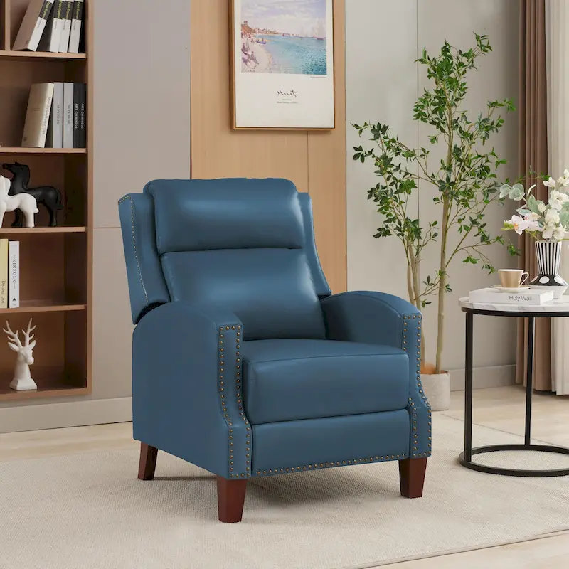 Genuine Leather Pushback Recliner with Multi-Angle Seat Back and Solid Wood Legs