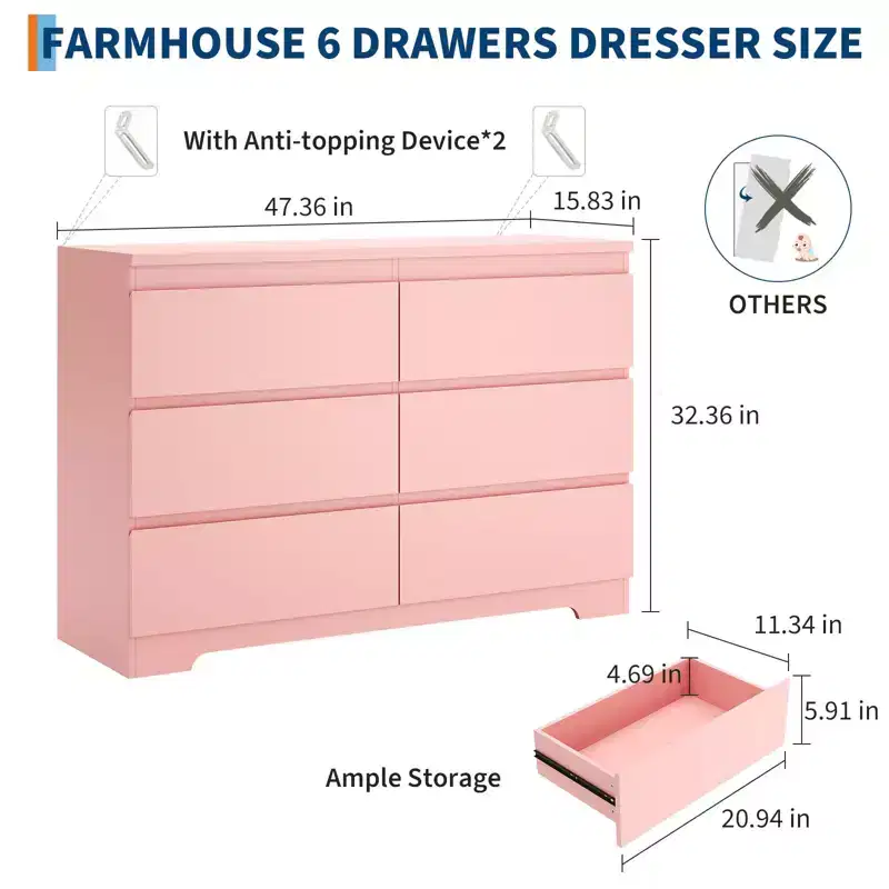 6 Drawer Dresser,Modern Chest of Drawers for Clothes Storage, Wood Storage Double Dresser for Bedroom, Living Room, Entryway