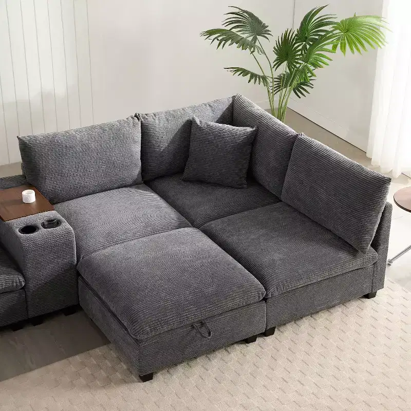 Modern Chenille 4-seat Sectional Sofa with Ottoman, L-Shaped Cloud Couch Set with Throw Pillows