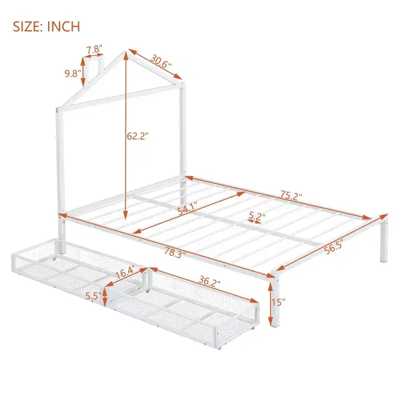 Full Bed for Kids, Metal Full Bed with Drawer for Boys, girs, Full Bed Frame with House-Shaped Headboard, Full Size House Bed, White