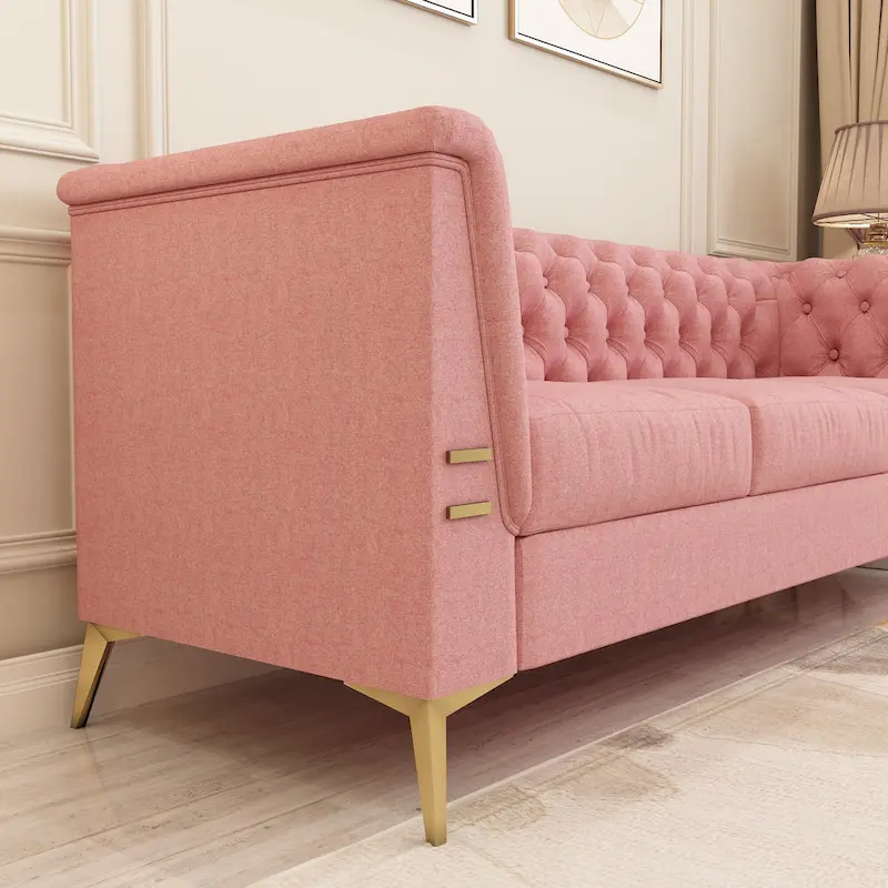 82 Velvet 3 Seater Chesterfield Sofa Couch with Gold Metal Legs, High Rebound Sponge and Removable Cushions
