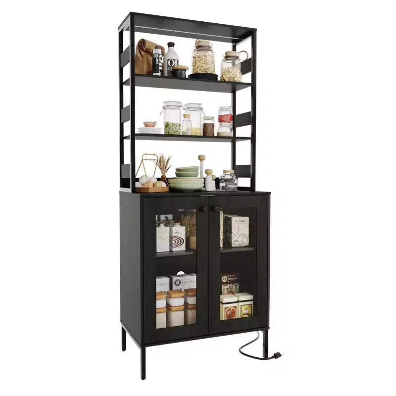 Pantry Cabinet with Storage Shelves & Glass Doors, Bakers Rack with Countertop, Coffee Bar Hutch, Microwave Stand for Dining Room or Hallway