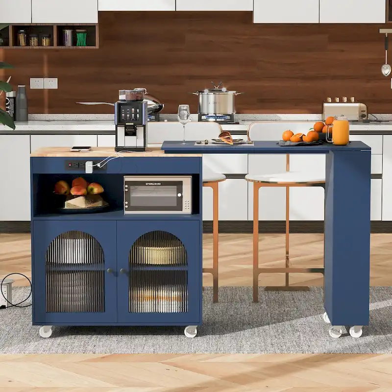 56.3 in. W Kitchen Island with Extended Table, LED Lights and Side 3 Open Shelves