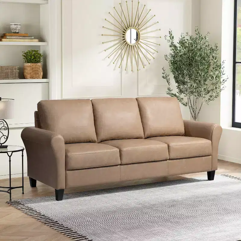 3-Seater Sofa with Rolled Arms, Light Brown Vegan Leather