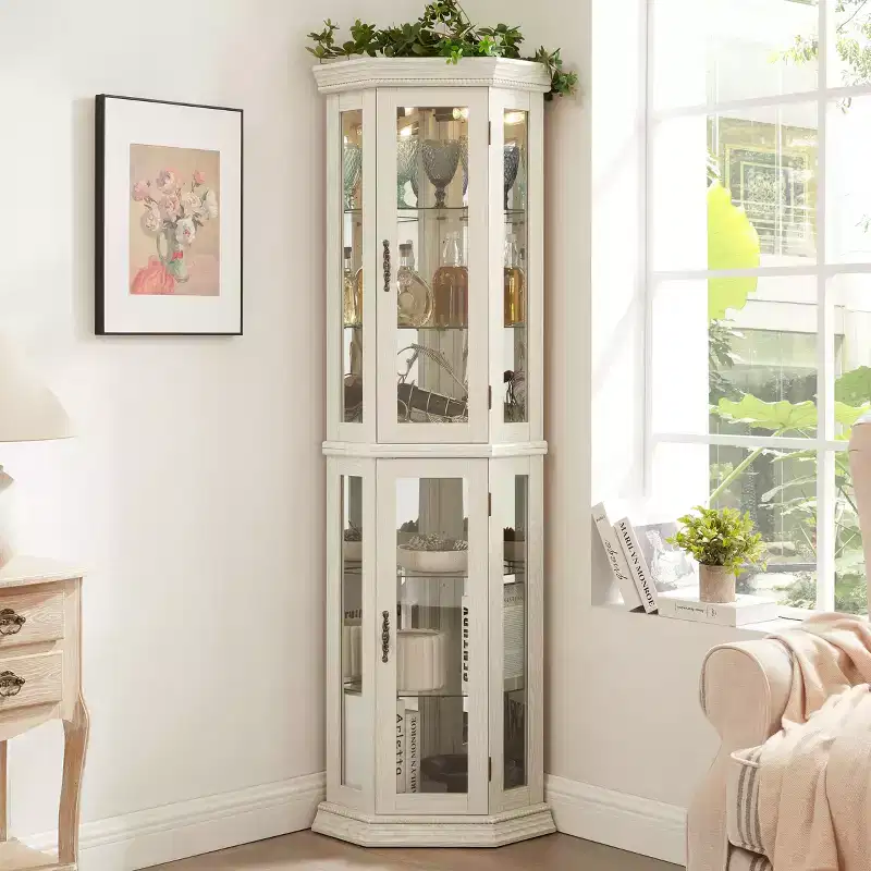 Living Room Corner Cabinet +Tempered Glass Adjustable Shelves Space-Saving