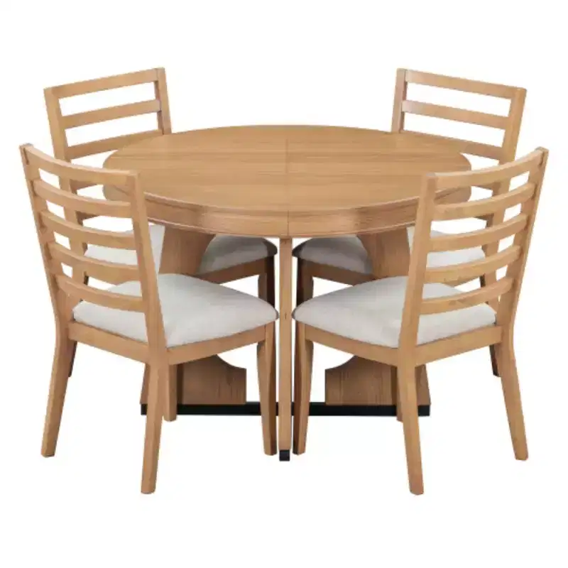 5-Piece Retro Rustic Dining Ensemble, Unique Geometric Table with 16-inch Extension Leaf and 4 Cushioned Chairs