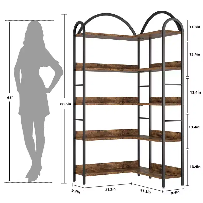 5 Tier Corner Bookcase, Open Shelves Book Storage Organizer, Industrial Wood Bookshelf with Metal Frame for Living Room, Bedroom, Home Office