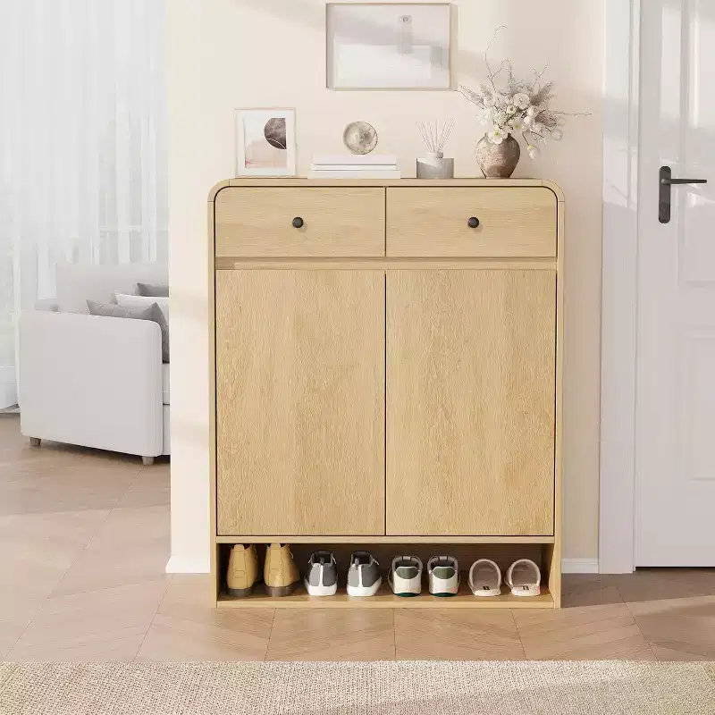 Shoe Storage Cabinet with 2 Doors and 2 Drawers, Freestanding Entryway Organizer with Rounded Corner, Large Capacity Cabinet for Hallway, Living Room