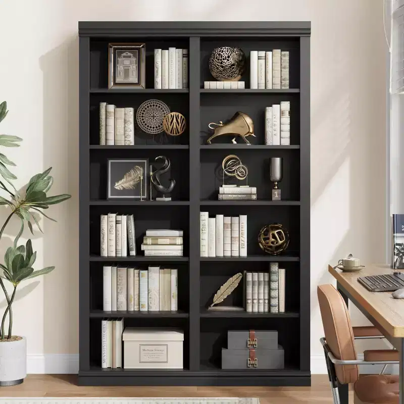 74.5 Tall Bookshelf with Double Storage, Extra Large Bookshelf, 6-Tier Double Wide Bookshelves w/ 12 Cubbies, Wide Freestanding Bookcases