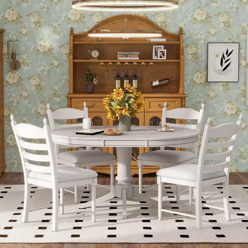Extendable Round Kitchen Dining Table Set for 4, Farmhouse Dining Set and 4 Upholstered Chairs