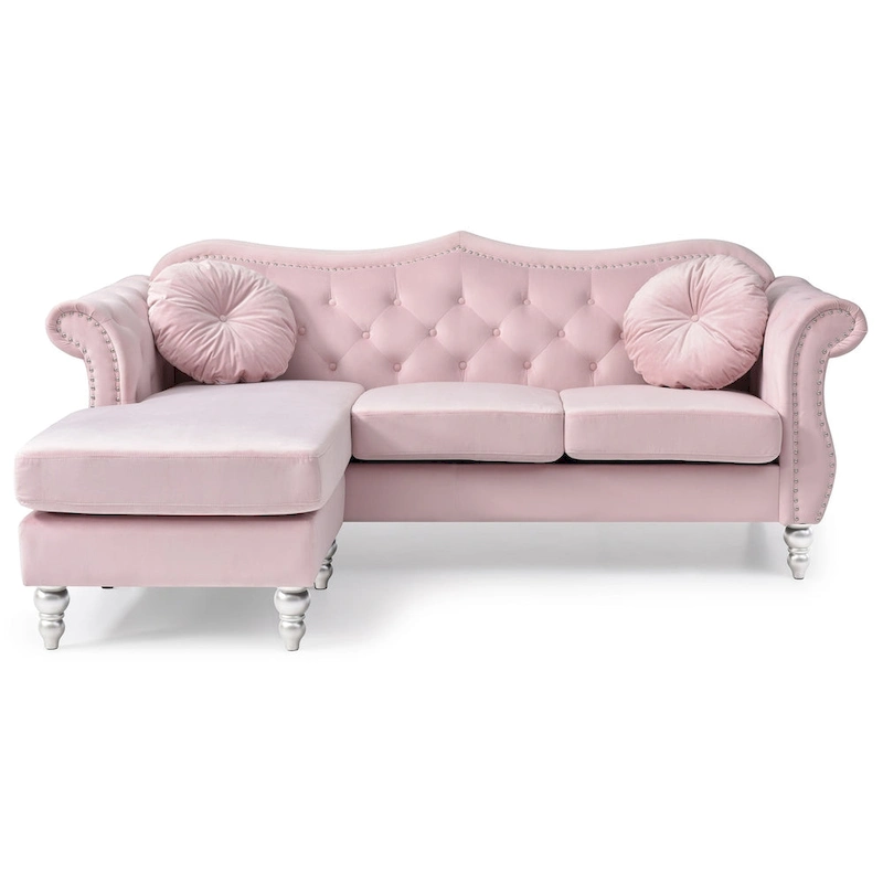 Hollywood 81 in. Velvet Chesterfield Sectional Sofa with 2-Throw Pillow - 81L x 35W x 34H