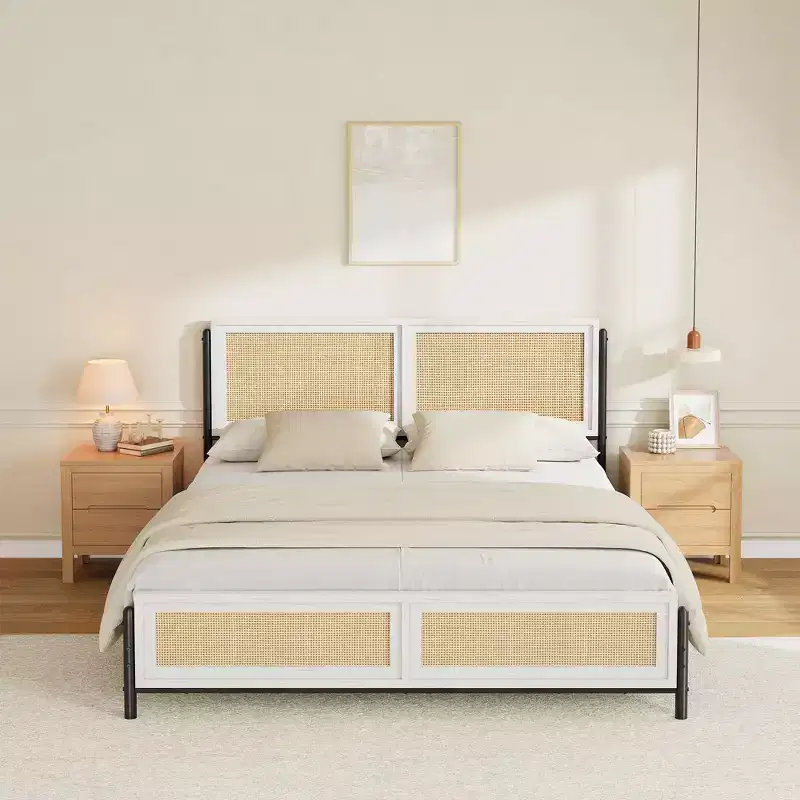 Rattan & Wood-Grain Frame Queen Bed Frame with Metal Slats