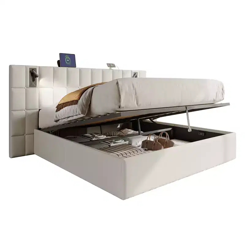 AMERLIFE Upholstered Bed Frame with Widened Headboard,Lift-Up Storage Bed and Built-in Light, Velvet