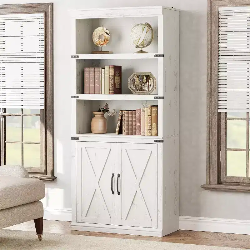 Farmhouse Bookcase with Doors, 5 Tier Book Shelf with Cabinet, Wood 68.7 Tall 5 Shelf Book Case for Living Room, Home Office,Bedroom