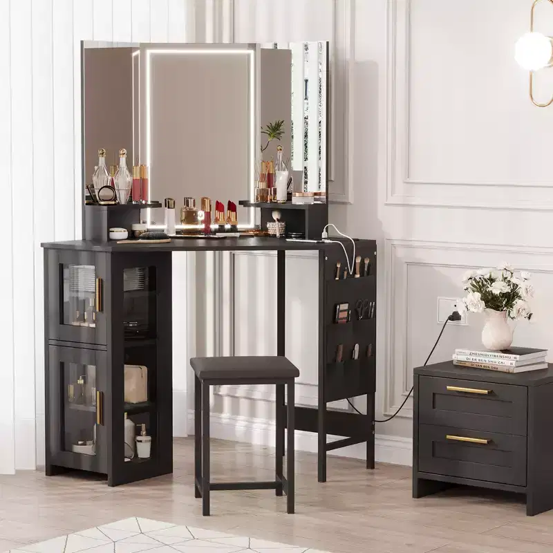 Corner Makeup Vanity Desk with Stool & Mirror, Large Dressing Table with Storage, Makeup Vanity Table Set for Bedroom Small Space