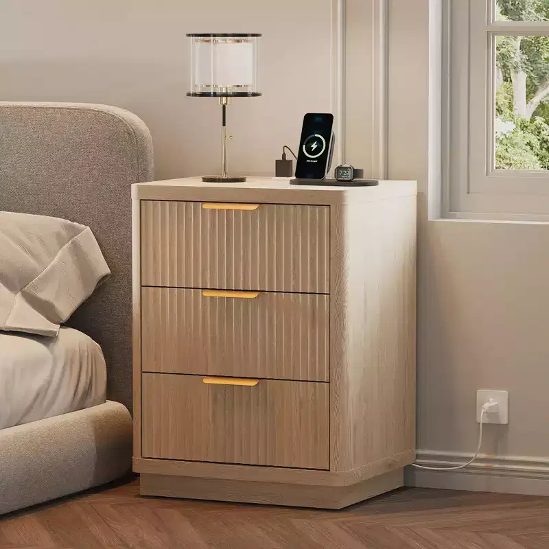 Natural Fluted Nightstand Set of 2 C Modern Farmhouse Bedside Tables with Charging Station & 3-Drawer Storage (Mid-Century Style)
